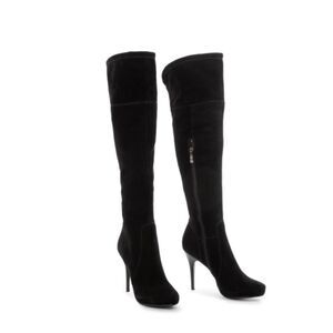 POPUSHIER
Black Suede Knee High Heel Boots
